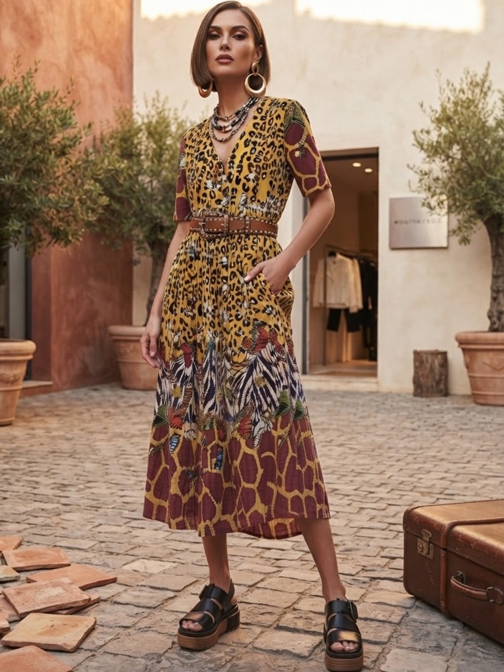 1990s Vintage La Cera mixed safari animal print Crinkle Cotton Midi Dress